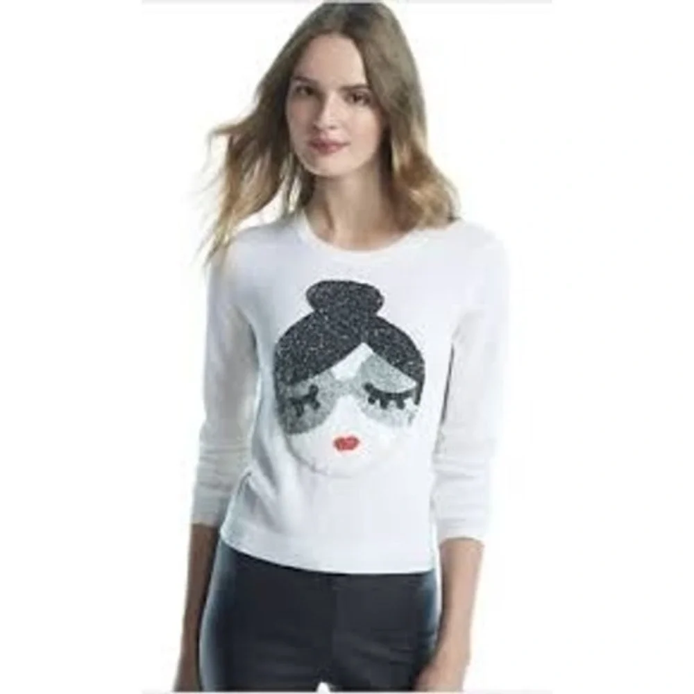 Alice + Olivia Sweater Womens White Stacey Face Sequin Wool Crew Neck C610711910